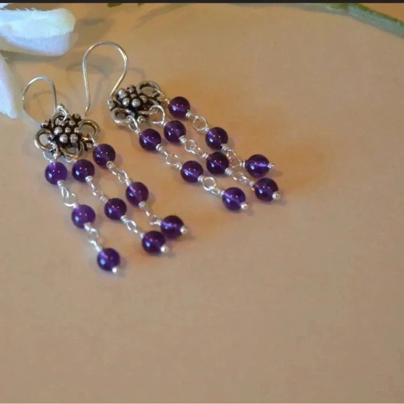 Amethyst Dangle Earrings, Sterling and Bali Silver, Natural Amethyst Gemstones - Picture 4 of 4